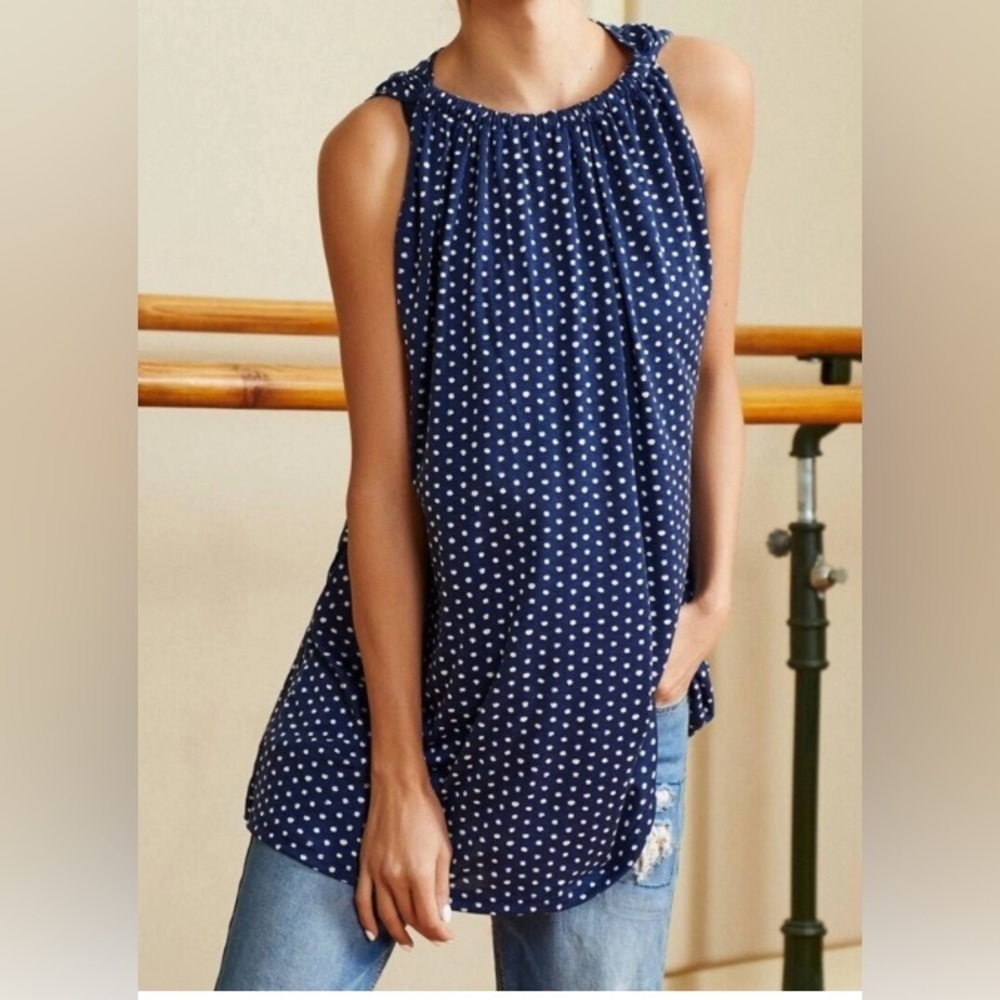 NEW - Simple by Suzanne Betro Navy & Ivory Polka Dot Gathered-Neck Tank. Small